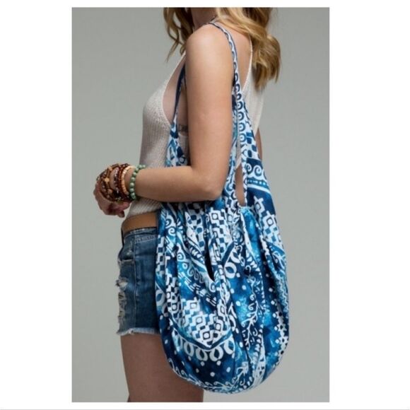 Boho Cotton Tote or Shoulder Bag Blue - Picture 2 of 6
